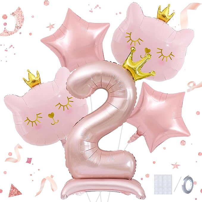 Pink Cat Balloon Set, Crown Cat Foil Balloon, 2 Year Old Girl Birthday Party Decoration, Cat Theme Decoration, Theme Party Supplies for Girls Kitten (2)