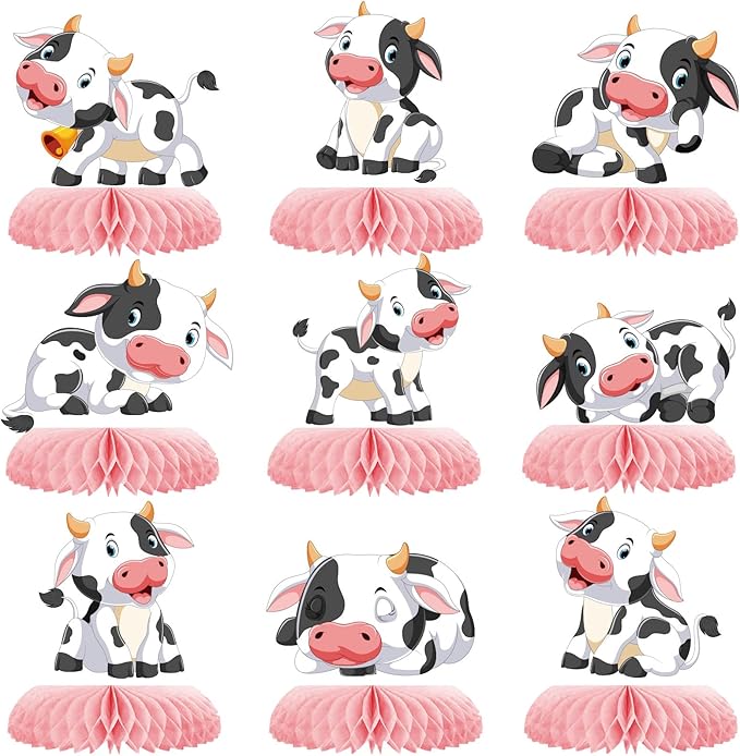 9 Pcs Pink Cow Honeycomb Centerpieces Farm Animals Cow Table Topper Honeycomb Pink Cow Theme Party Honeycomb 3D Cow Print Table Decoration for Party Baby Shower Western Party Supplies