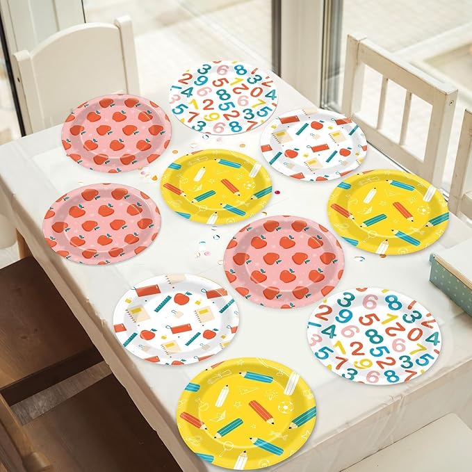 CHUNNIN 48Pcs Back to School Party Paper Plates for School Season Party Supplies 7" First and Last Day of School Disposable Plates Apple Pencils Tableware Birthday Decorations