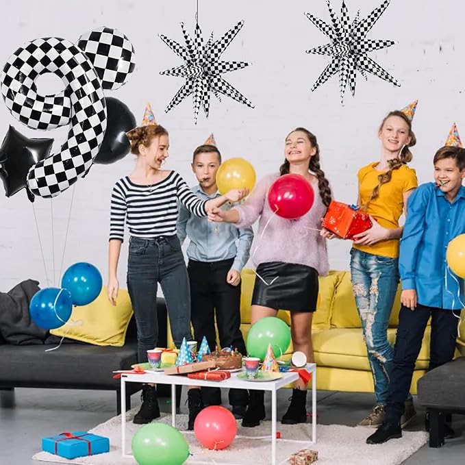 TONIFUL 40 Inch Checkered 9th Birthday Balloons Set Number 9 Race Car Black White Checkered Round Explosion Star Balloons Boys Race Car Themed Birthday Party Decoraction