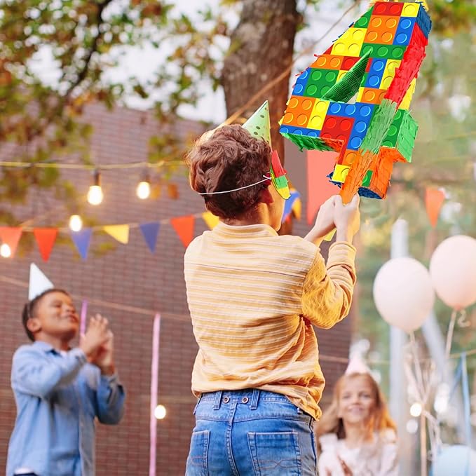 Hooqict Building Blocks 4th Birthday Party Decorations Number 4 Pinata with Pinata Stick & Blindfold for Kids Girls Boys Happy Birthday Building Block Theme Party Supplies Carnival Games
