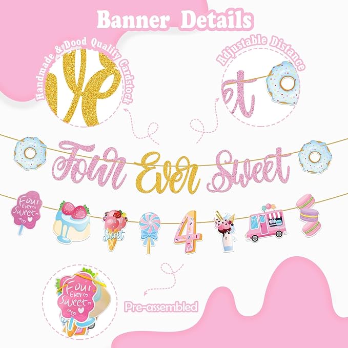 Four Ever Sweet Ice Cream Birthday Party Decorations with Donut Banner, Ice Cream Cake Toppers, Foil Balloon Arch for 4 Year Old Macaron Party Supplies