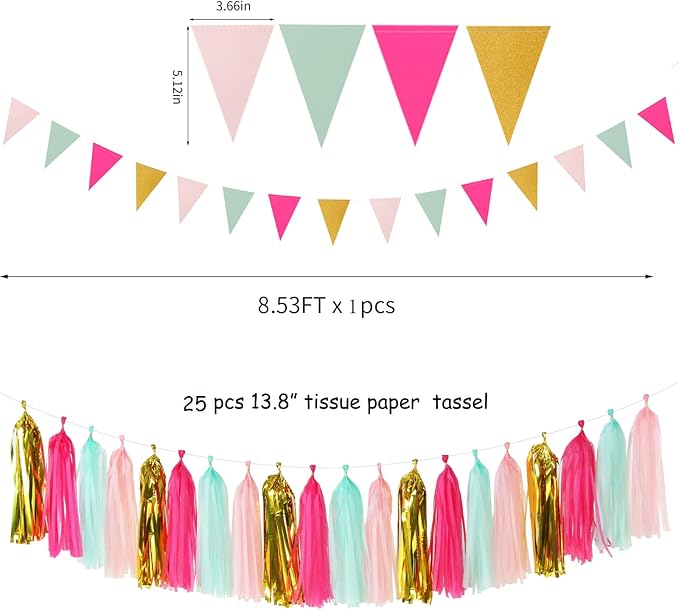 Mint Blush Hot-Pink Gold Party-Decorations - 30pcs Tissue Pom Poms Streamers, Girls Birthday Tassel Garland Banner,Wedding Engagement Baby Bridal Shower Bachelorette Brunch Decor Ouruola