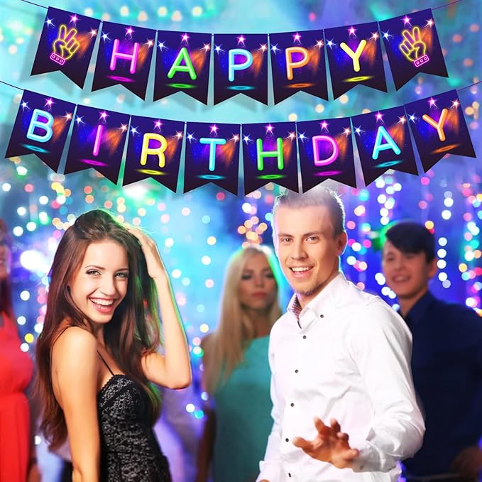 CC HOME Glow Happy Birthday Banner, Glow Party Decoration, Glow in The Dark Letters Theme Party Supplies Boys Girls Kids Home Classroom Baby Showers Birthday Party Decorations Club Bar Hanging Flags