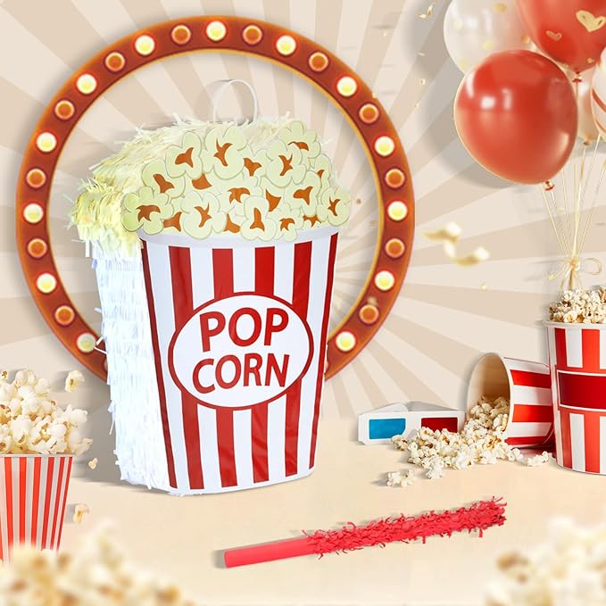 Popcorn Pinatas Bundle with a Blindfold and a Bat(16.5 x 12.5 x 3.5 Inches), Perfect for Fun Kid's Birthday Parties, Cinema Movie Theme Party Decoration Games