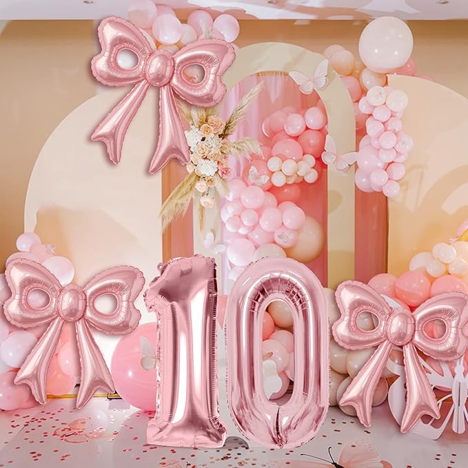 Bow Number 0 Birthday Balloons, 40”Pink Aluminum Foil Balloons Happy Birthday Balloon for Girl Birthday Party, Princess, Coquette Party Decorations Supplies