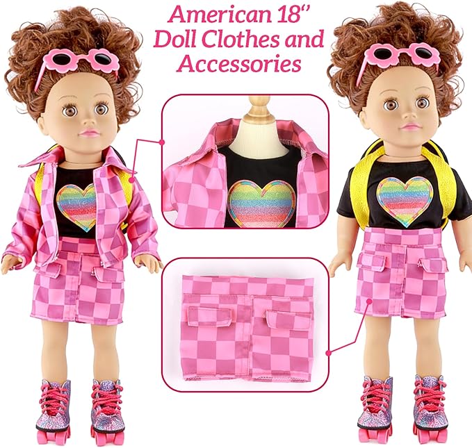 American 18 Inch Doll Clothes & Accessories Set – Includes Pink Plaid Coat, Heart T-Shirt, Skating Shoes, Pet Dog, Penguin Backpack, Camera, Glasses & More – Perfect for 18" Dolls (No Doll)
