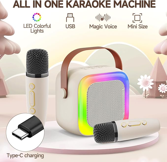 Mini Karaoke Machine for Kids Teen Adults, Kids Karaoke Machine with 2 Wireless Microphones and LED Lights Toys for Party, Home, Gifts for 4 5 6 7 8 9 10 11 12+ Years Girls Boys(Beige)