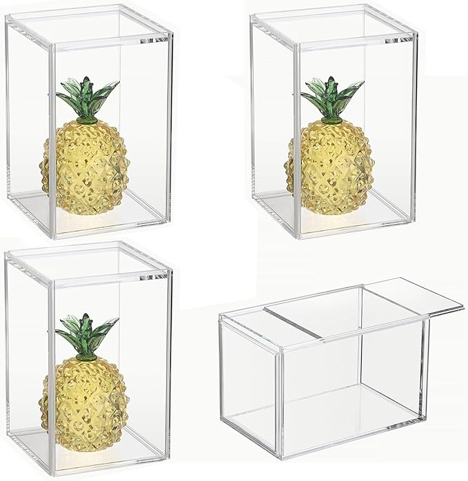 JUXYES 4 Pack Clear Display Case for Mini Action Figures, Acrylic Box with Sliding Door, Stackable Cube Small Showcase, Free Standing Collectibles Protection, 3x3x4.5 Inches