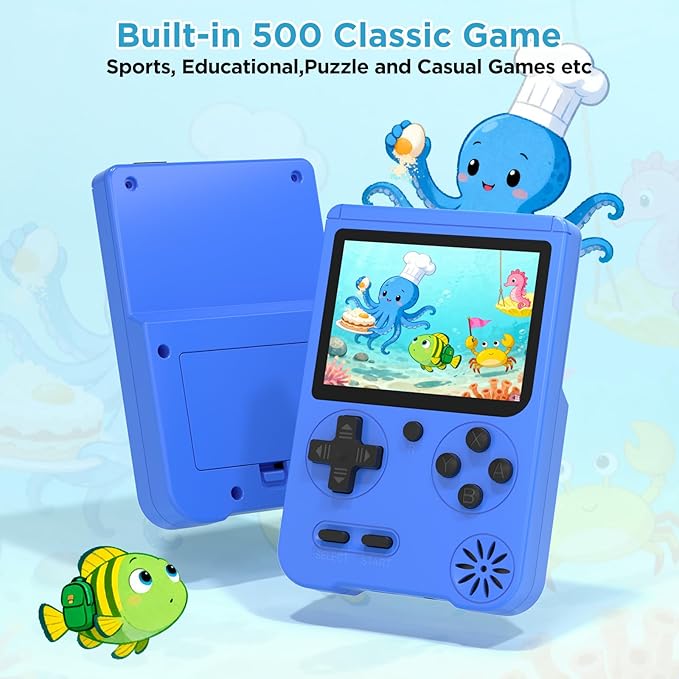 Handheld Games for Kids, Preloaded 500 Retro Classic Video Games, Portable Arcade Retro Game Console with 3'' IPS Screen and Rechargeable Battery, Mini Travel Game System,Gifts for Boys Girls (Blue)