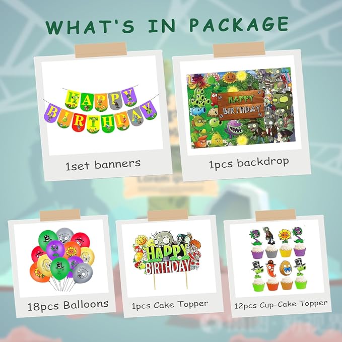 Plants Game Theme Birthday Party Supplies Decoration Kit with Happy Birthday Zombies Banners, Cake-Cupcake Topper, Balloons for Kids Boys Game Players PVZ Party Decor