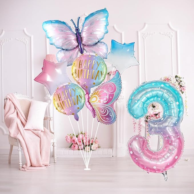 Butterfly 3rd Birthday Decorations for Girls, Gradient Pink Colorful Foil Balloon, Giant Number 3 Mylar Balloon, 3 Years Old Theme Party Supplies Decor