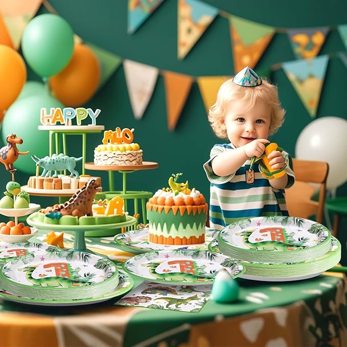 96Pcs Dinosaur 1st Birthday Decorations Cartoon Dinosaurs Plates and Napkins Tableware Sets Watercolor Dinosaur Party Decorations for One Year Old Boys Birthday Baby Shower Supplies Serves 24