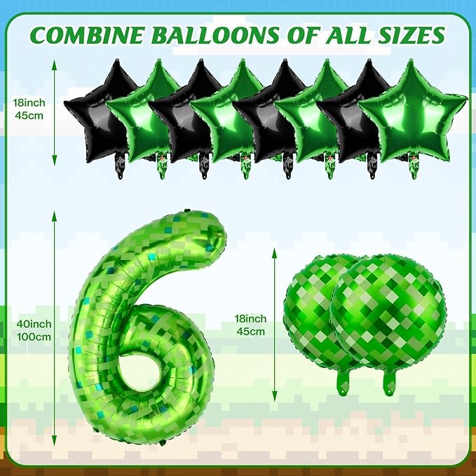 40 Inch Green Pixel Themed Number 6 Balloon Set Foil Balloon for Girls & Boys Birthday Party Decorations, Party Supplies & Favors (Number 6)