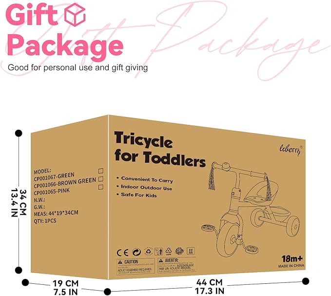Liberry Toddler Tricycle Age 2 3 4 Years Old, Kids Trike with Bell, Back Basket and Removable Pedal, 3 Wheel Bike Birthday Toys Gift for Girls Boys, Pink
