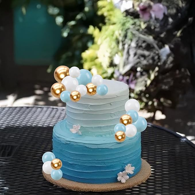 Gyufise 30Pcs Ball Cake Topper Ball Cake Picks Colorful Pearl Ball Shaped Cupcake Insert Cake Topper for Bear Theme Birthday Party Favors Wedding Decoration Supplies Blue White Gold