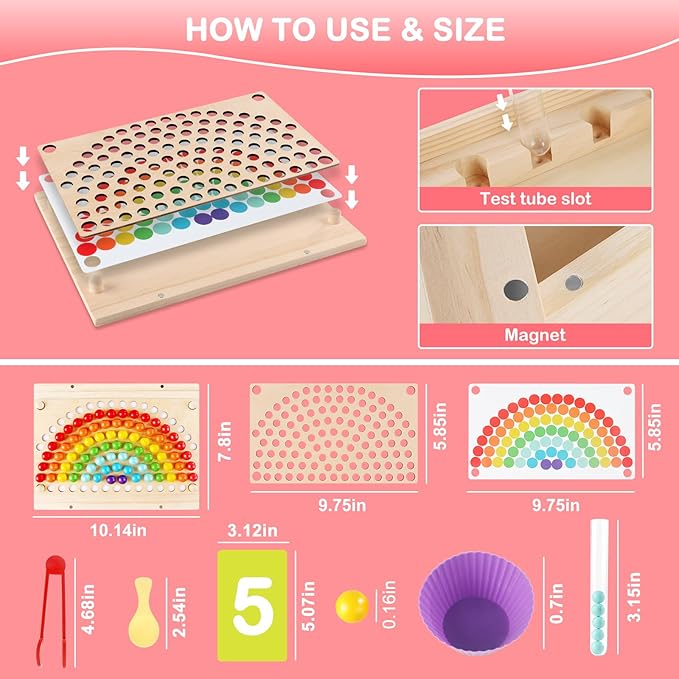 Montessori Toddler Learning Sorting Toys for 3-6 Year Olds - Rainbow Stacking, Number & Bead Matching Games with Wooden Peg Board, Develop Fine Motor Skills, Color & Math Skills