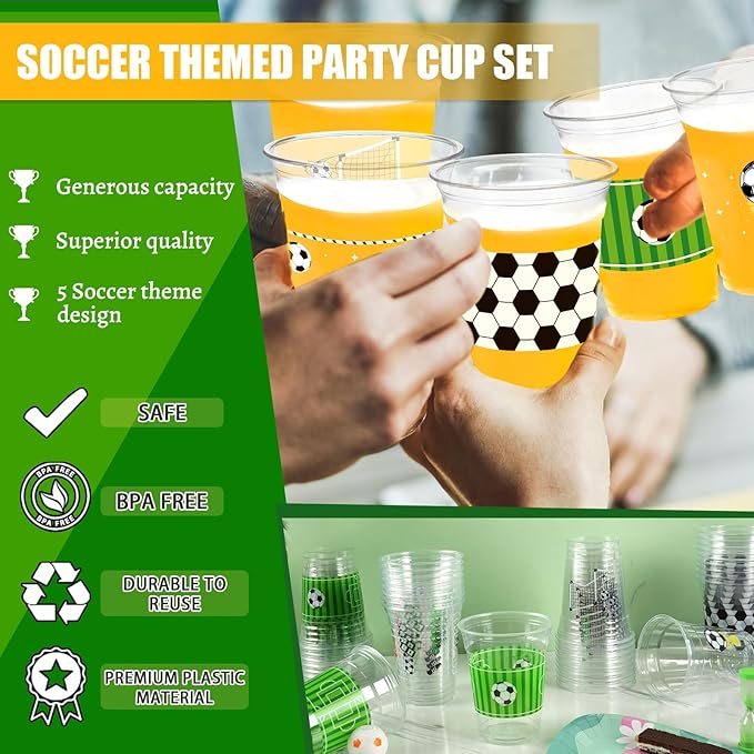 50Pcs Soccer Party Decorations Cups, 12 OZ Disposable Plastic Drinking Cups for Sports Themed Tailgate Events Game Day Football Soccer Birthday Christmas Party Decor Supplies Favors