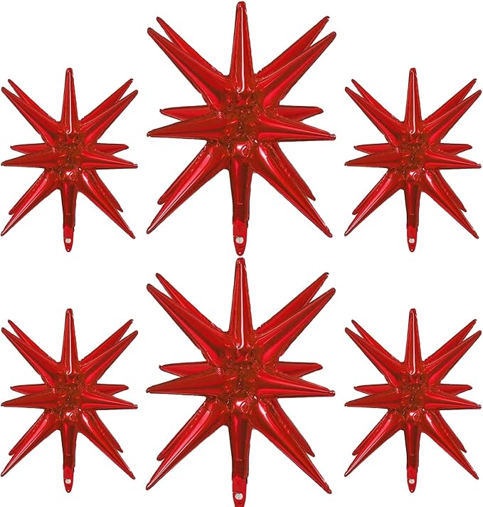 6 Pcs Red Star Foil Balloons One-Piece 14-Pointed Star Balloon 4D Starburst Cone Mylar Balloons 22inch Christmas Birthday Wedding Wedding Anniversary Party Supplies (22&27 Inches Red)