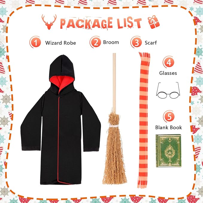 Doll Clothing Wizard Robe for Doll Christmas Elf Doll Costume Halloween Elf Clothing Dress up Accessories Includes Broom, Scarf, Mini Glasses, Mini Blank Book.