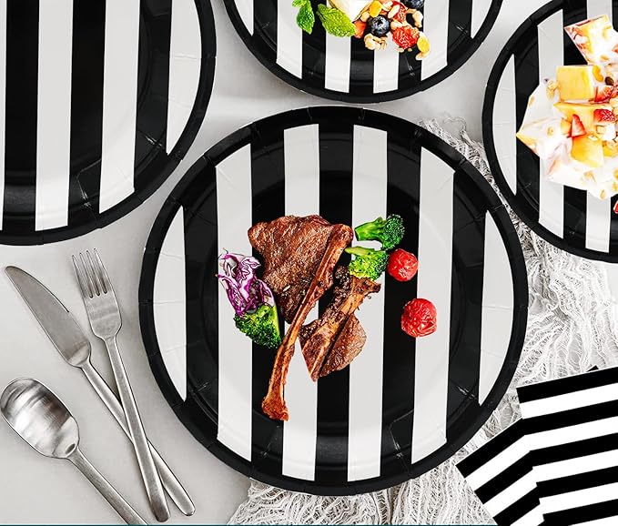 80Pcs Black and White Striped Party Supplies Black and White Party Set 7"Black and White Striped Plates,Black and White Napkins for Black and White Theme Black and White Birthday Decoration |Serves 40