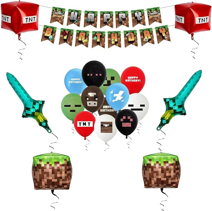 Pixel Happy Birthday Decorations Party Favor Balloons with Banner ，Pixel Video Game Theme Party Supplies
