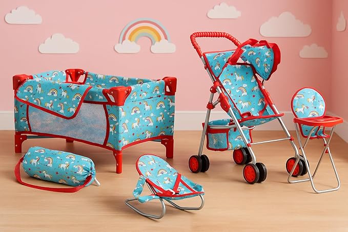 Fash n kolor® 4 Piece Doll Play Set, Doll Accessories Gift, Toy Set -Unicorn Design Includes, Doll Foldable Bed, Doll Stroller, Doll High Chair and Doll Seat, Dolls Gift Set (4 Piece Set)