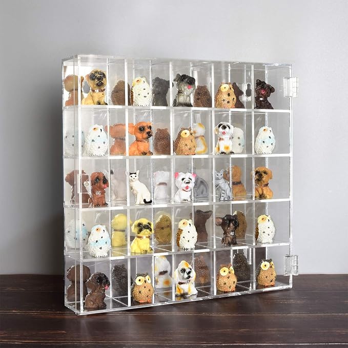 Ikee Design Mountable 25 Compartments Premium Acrylic Display Case Cabinet Stand with Mirrored Back, Clear Rock Display Shelves for Collectibles, Stones and Figures, 10.7 W x 2 D x 10.5 H in
