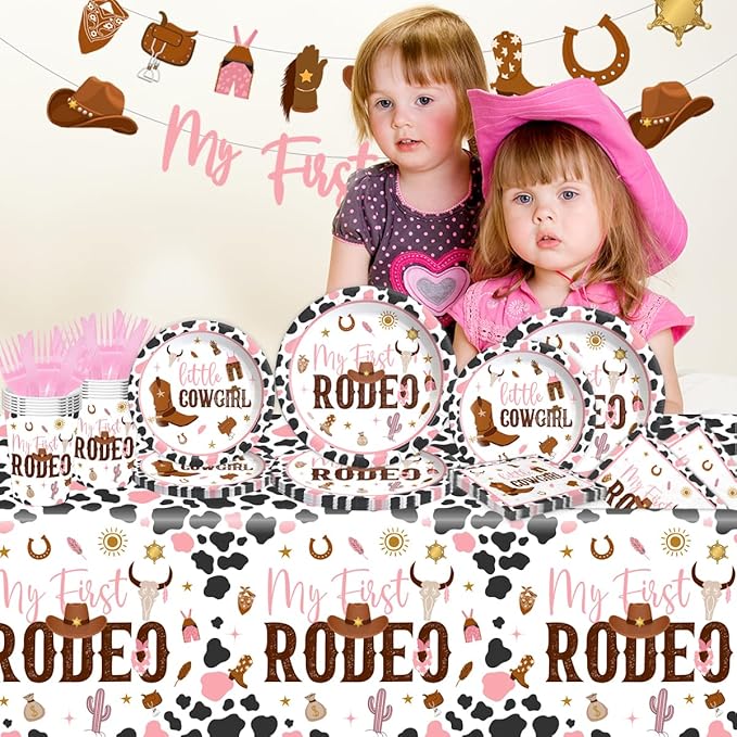My First Rodeo Birthday Decorations - 142Pcs Western Cowgirl Tableware for 1st Birthday Party Supplies, Pink Baby Shower Dinnerware for Girl