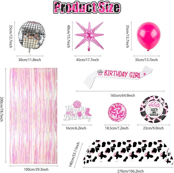 185Pcs Cowgirl Birthday Party Decorations Supplies - Includes 20 Guests Tableware Set and Birthday Banner Backdrop Foil Balloons Stand Cake Toppers for Western Disco Cowgirl Party Decor