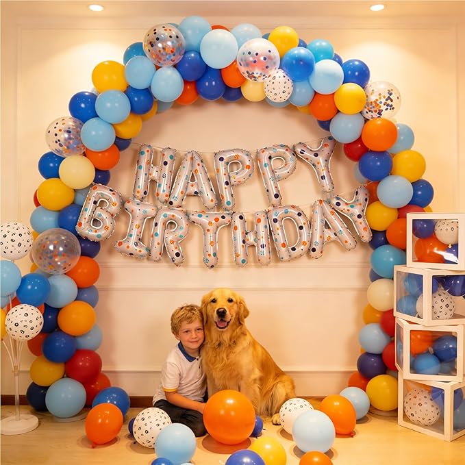 YIIHMEI Cartoon Dog Paw Print White Happy Birthday Banner Party Decorations Balloons with Blue Orange Wave Point Style Letters Signs Party Supplies for Kid's