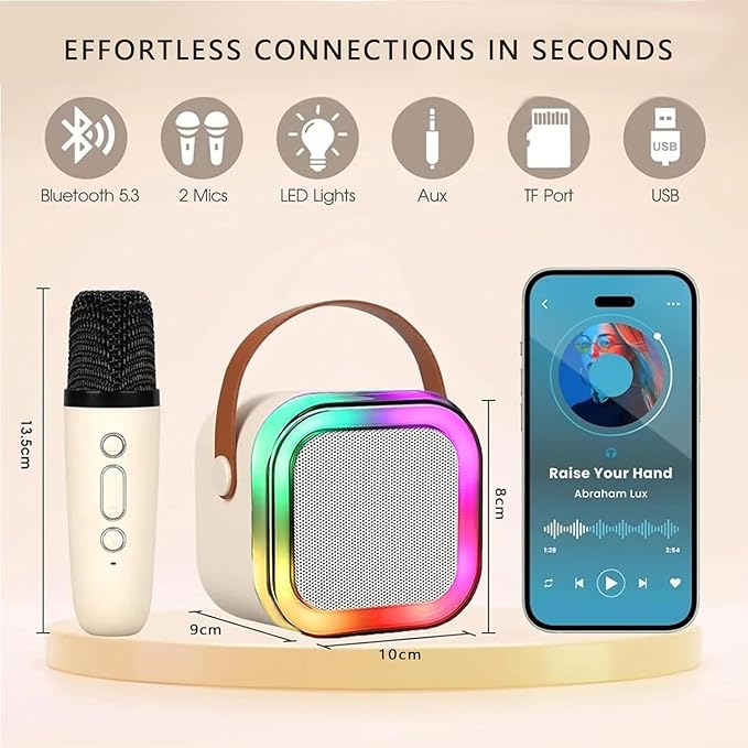 Karaoke Machine for Kids,2025 New Mini Portable Karaoke Toys, Karaoke Speaker with 2 Wireless Microphone & Light for Home Party for Adults (Beige-2Mic)