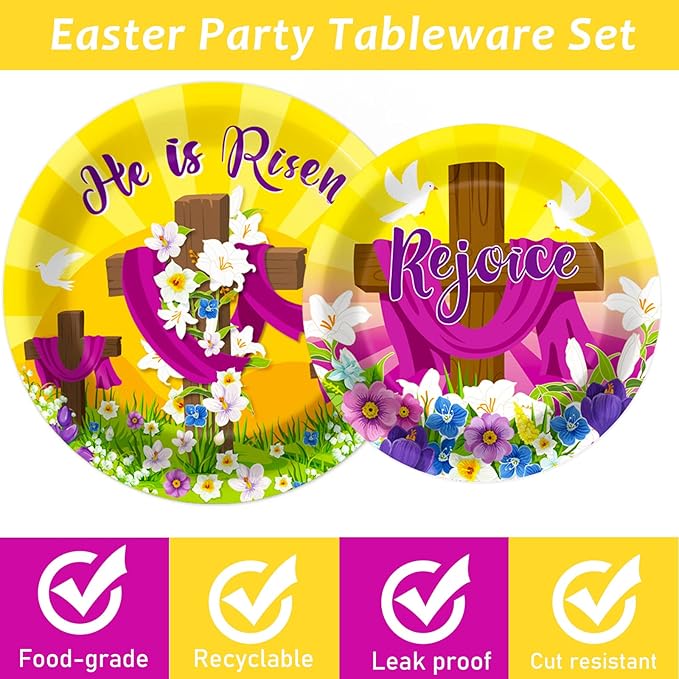 96 Pcs Easter Tableware Set He is Risen Plates Happy Easter Party Plates Easter Religious Plates and Napkins Paper Plates Napkins Forks for 24 Guests