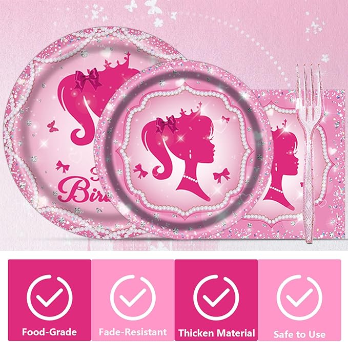 96PCS Pink Girl Plates and Napkins Tableware Set Pink Girl Party Supplies Pink Girl Birthday Party Decorations Pink Princess Theme Party Dinnerware Set Pink Girl Paper Plates Napkins Forks Serve 24