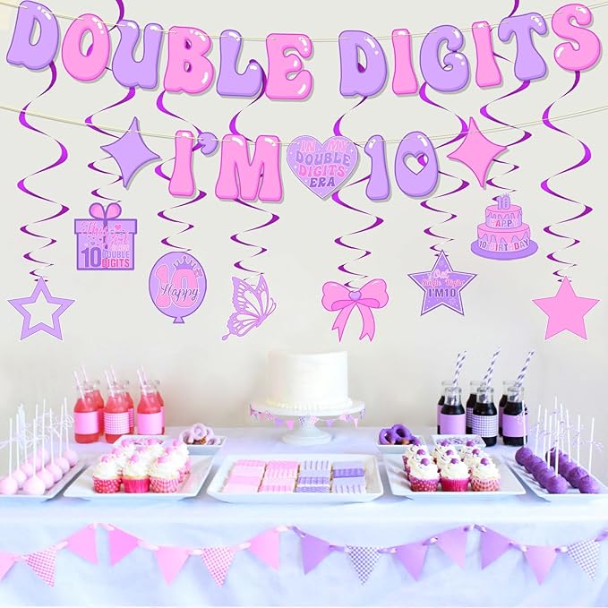 Pre-Strung 10th Birthday Decorations for Girls, NO DIY Double Digits I’M 10 Banner, Cheers to 10 Year Party Supplies, Hanging Swirls