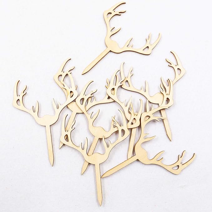 Huray Rayho Antler Cupcake Toppers Wooden Deer Cake Picks Decorations Baby Shower Wedding Hunting Boho Rustic Country Birthday Theme Party Supplies Qty 24