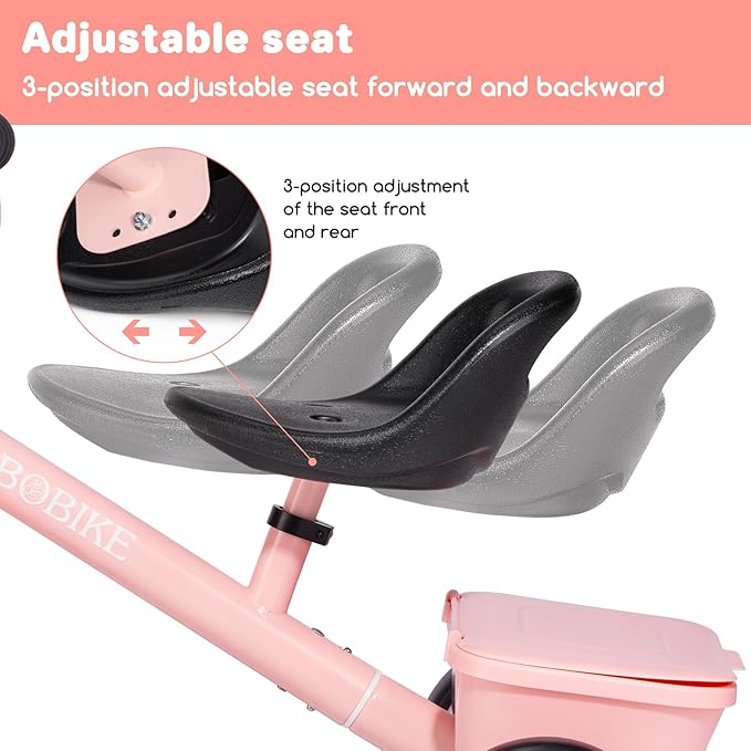 Bobike Toddler Tricycle for Ages 2-5 Years, Tricycle with 2 LED Light Wheels, Toddler Bike with 3-Position Seat and Rear Basket, Kids Bike Gift for Boys & Girl (Pink)
