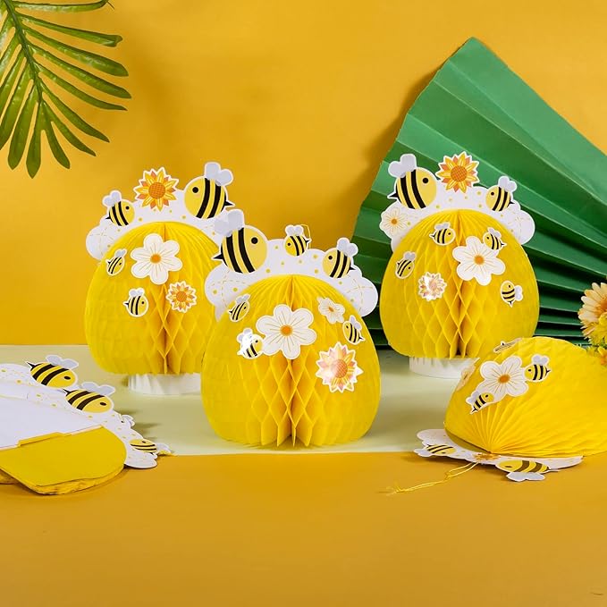 SUNBEAUTY 4PCS Honey Bee Honeycomb Centerpieces Decorations Yellow Bee Honeycomb Table Centerpieces with Sunflower Stickers for Baby Shower Birthday Gender Reveal Birthday Decoration