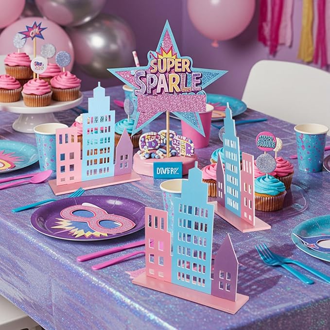 Geelin 6 Pcs Skyscraper Party Decorations Hero Party Decorations New York City Wood NYC Centerpieces City Skyline Building Decor for Comic Birthday Favors Supplies(Hollow Style,Pastel Color)