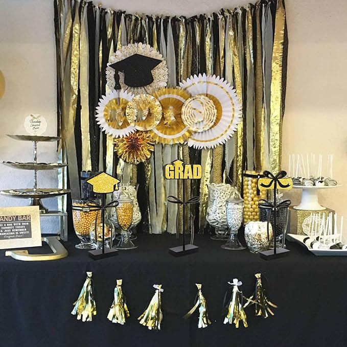 Black Gold Glitter Centerpieces for 2026 Graduation Decorations,Wooden Signs Grad Table Topper,Graduation Table Decorations for Class Of 2026 Party Decor and Party Favor(3 Pcs)