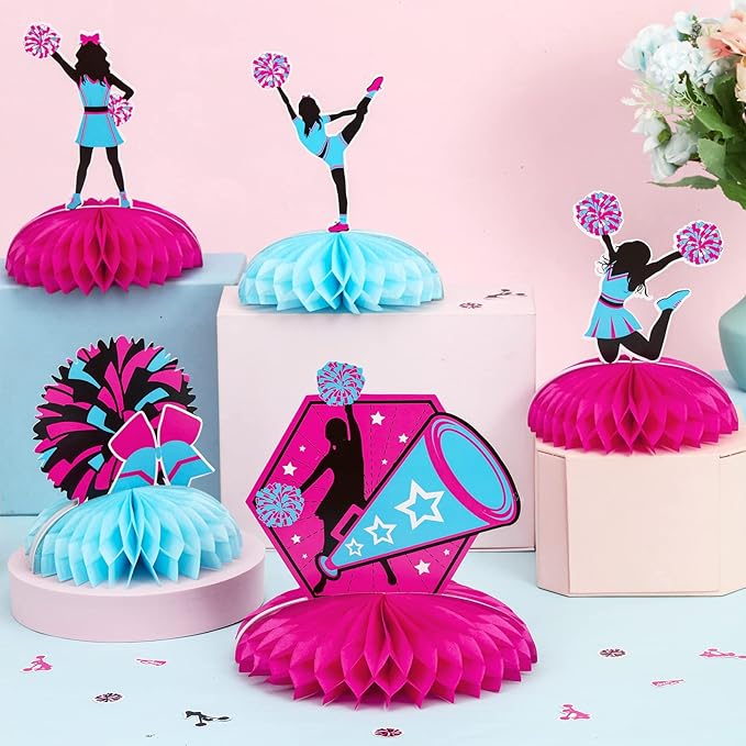 JOYMEMO 8 Pieces Cheerleading Honeycomb Centerpieces Hot Pink Blue - Cheerleading Themed Party Decorations Rose Red, Cheerleader Table Decor for Cheer Gymnastics Birthday Party Supplies