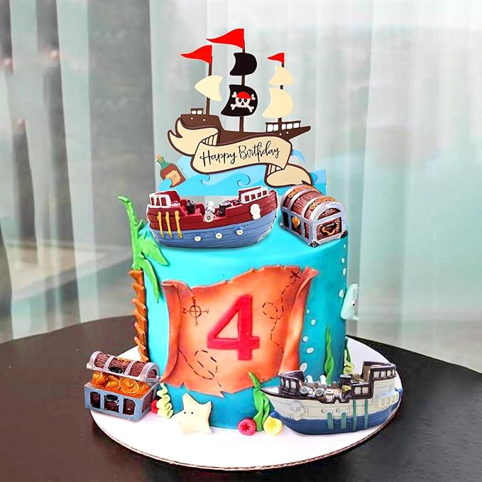 Pirate Ship Cake Topper Nautical Sailboat Model Decoration Set Gold Coins and Pirate Gems Pirate Treasure Chest Compass for Kids Pirate Birthday Party Supplies pirate cake decoration