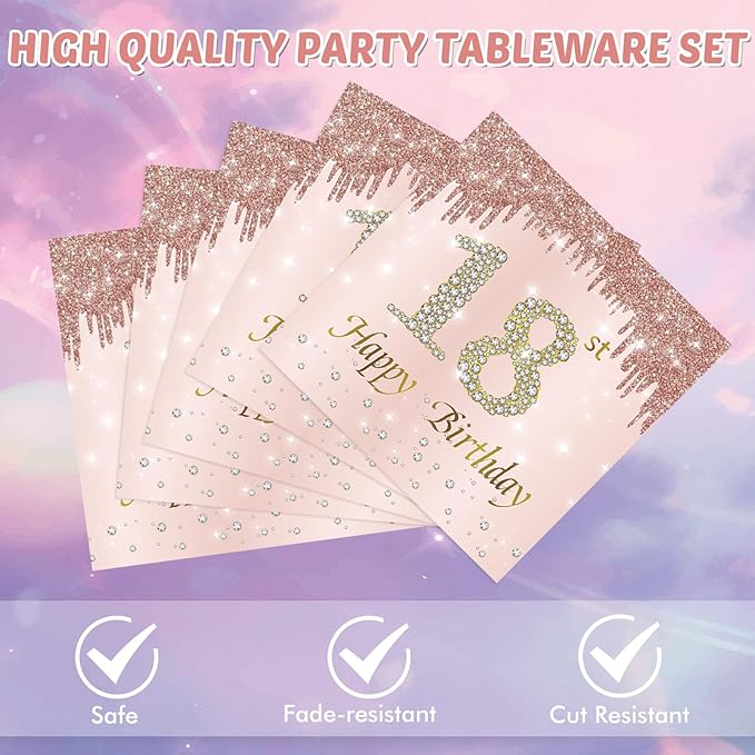 40PCS 18th Birthday Decorations for Girls Rose Gold Birthday Party Decorations Supplies Included Paper Plates and Napkins Happy 18 Years Birthday Party Tableware Set for 24 Guests