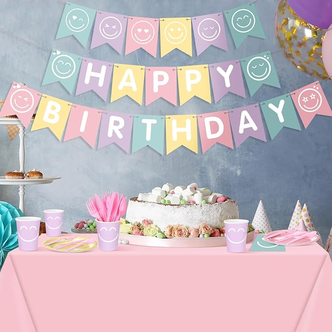 Dandat 175 Pcs Pastel Birthday Plates and Napkins Preppy Party Decorations Macaron Smile Happy Birthday Banner Supplies Serves 24 Guests Tableware Paper Plates Napkins Cups Tablecloths(Bright)