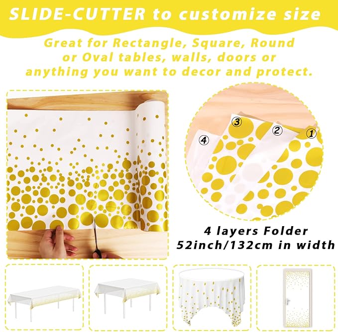 White Golden Dots Tablecloth Roll 52 in x 100 Ft Wedding Party Supplie Gold Dot Party Table Cover for Indoor Outdoor Events Family Banquet Picnic Parties and Celebrations（Plastic ）