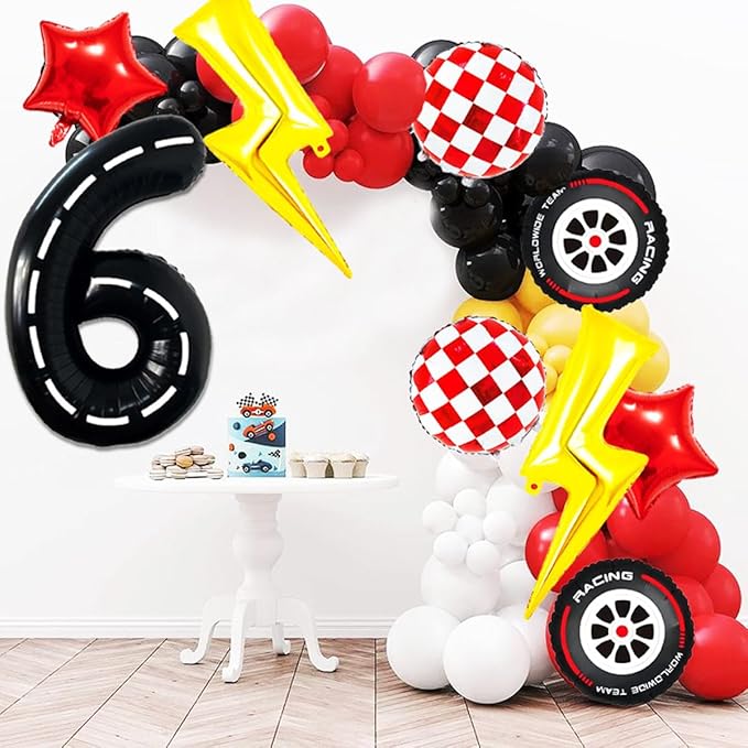 Race Car Birthday Party Decorations Large Lightning Bolt Foil Balloons Race Car Balloons 40 Inch Racetrack Number 6 Balloon for Boys 6th Race Car Birthday Party Decor Supplies