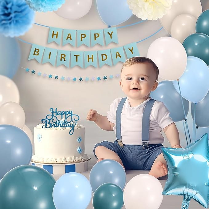 Blue Birthday Decorations for Women, Happy Birthday Party Decorations, Happy Birthday Banner, Baby Blue Balloons, Foil Fringe Curtains, Tissue Paper Pompoms, Star Garland, Party Decor for Girls