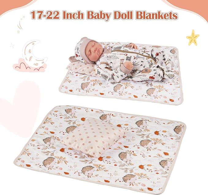 BABESIDE 3 Pcs Baby Doll Bassinet with Doll Bedding Set for 17-22 Inch Babydolls, Cute Animal Print Baby Dolls Crib with Blanket for Reborn Baby Doll Accessories, Off-White