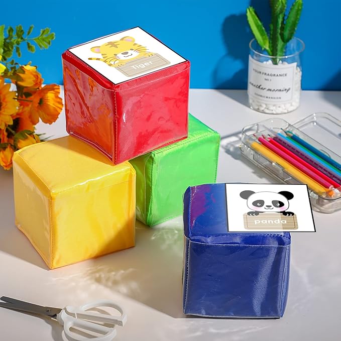 Yilloog 4 Pcs Large Foam Dice with Pockets DIY Education Playing Soft Dice Cube Learning Teaching Stacking Blocks Photo(4.72 Inch,Classic Color)