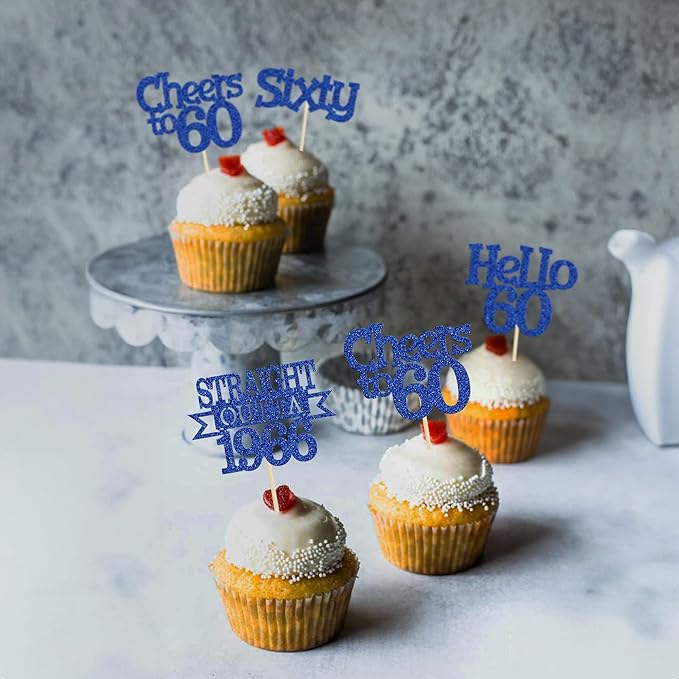 Ephlyn 24Pcs Happy 60th Birthday Cupcake Toppers Glitter Straight Outta 1966 Cupcake Picks Hello 60 Cheers to 60 Years Birthday Cake Decorations for 60th Birthday Anniversary Party Supplies Blue